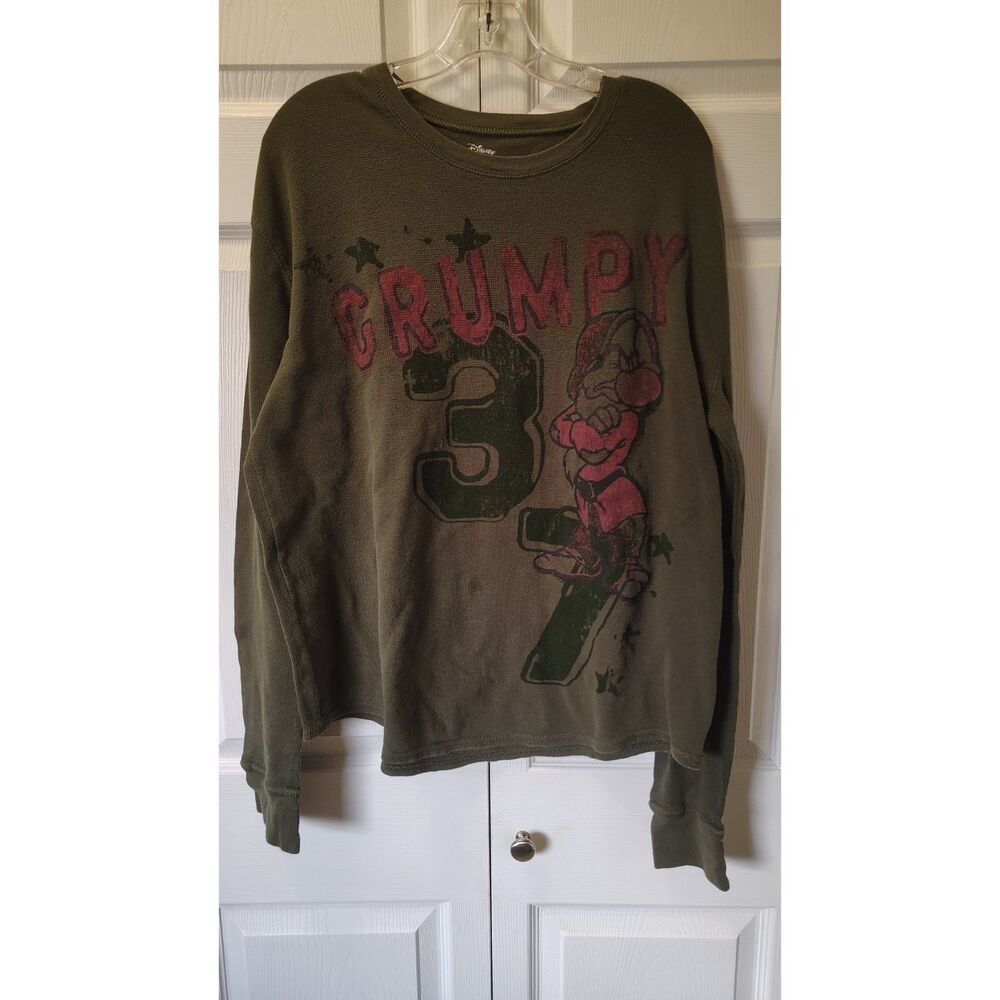 Disney Grumpy Long Sleeve Thermal Shirt - Olive Green - Vintage Style XL